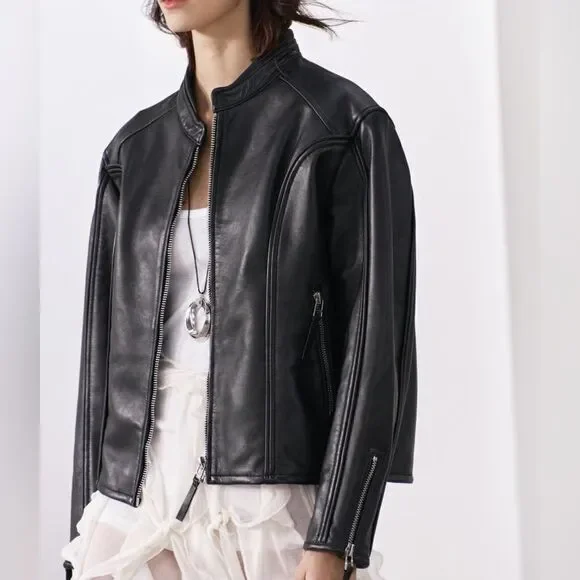 ZW COLLECTION ZIPPERED GENUINE LEATHER JACKET - Picture 9 of 16